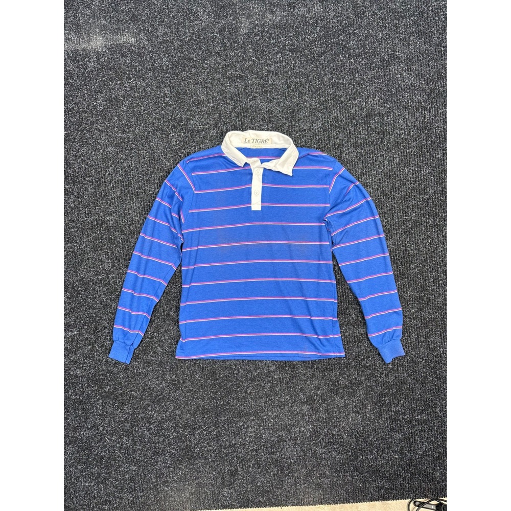 Vintage Le Tigre Striped Polo Shirt Large Blue Long Sleeve Made in USA 80s 90s